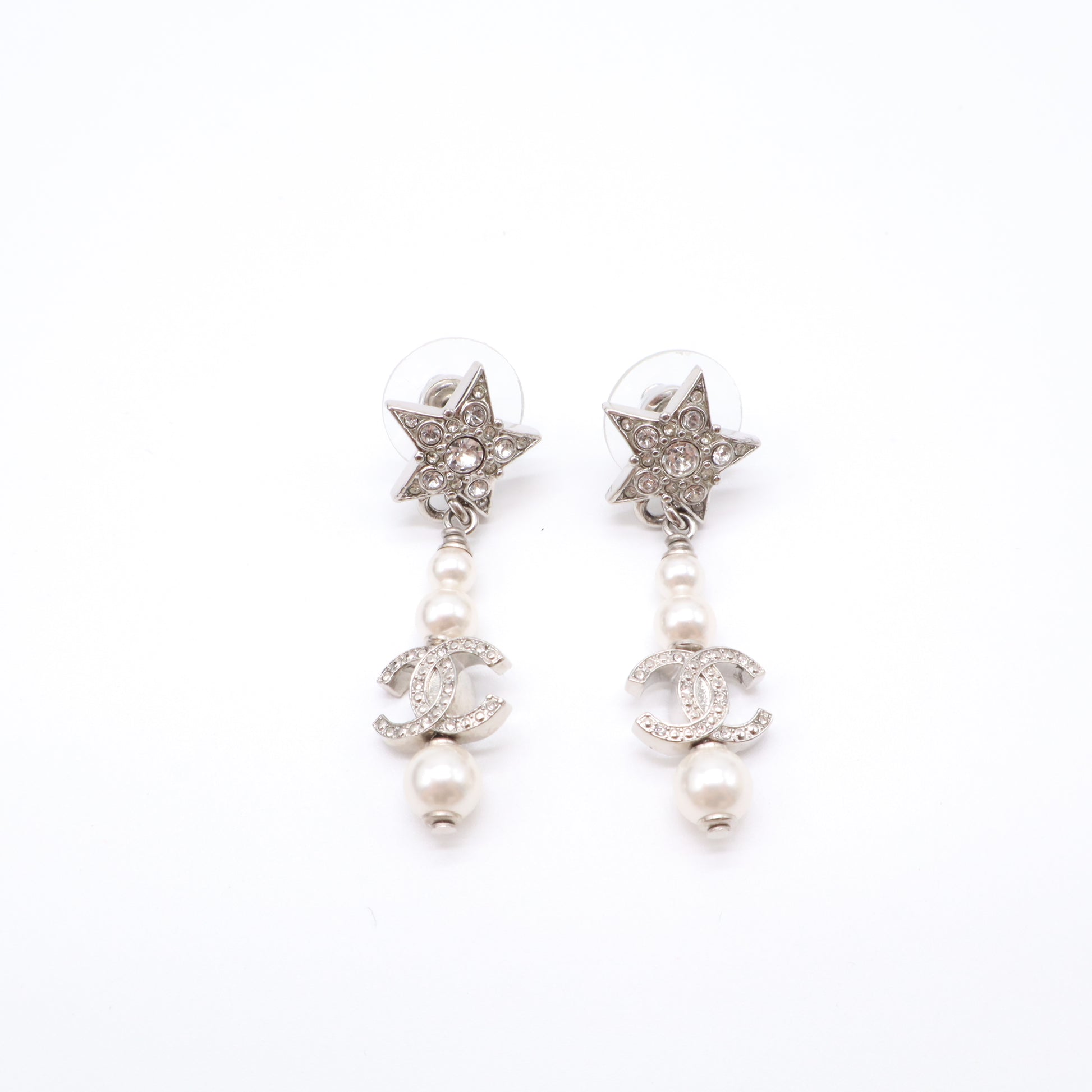 Chanel Crystal Star Interlocking CC Pearl Drop Earrings W21605