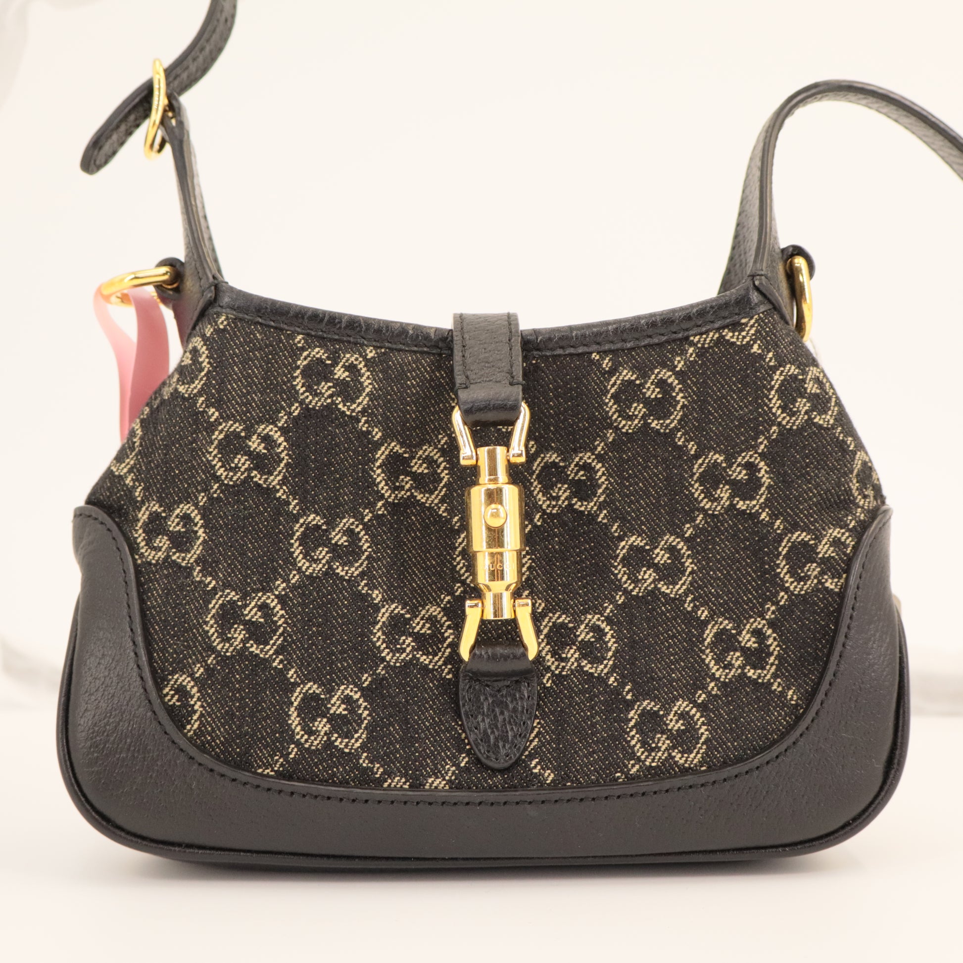 Gucci Jacquard Black Denim GG Monogram Textured Dollar Calfskin Mini Jackie 1961 Hobo twins