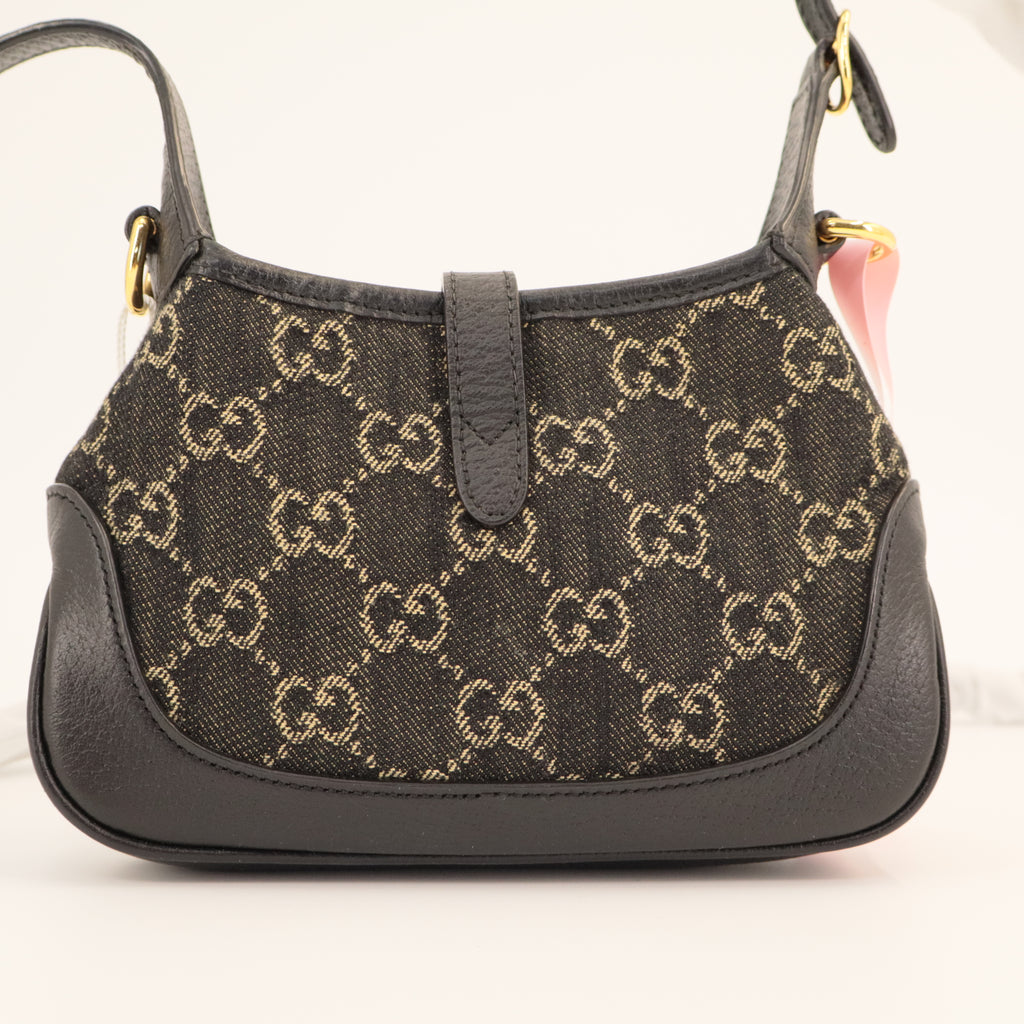 Gucci Jacquard Black Denim GG Monogram Textured Dollar Calfskin Mini Jackie 1961 Hobo twins