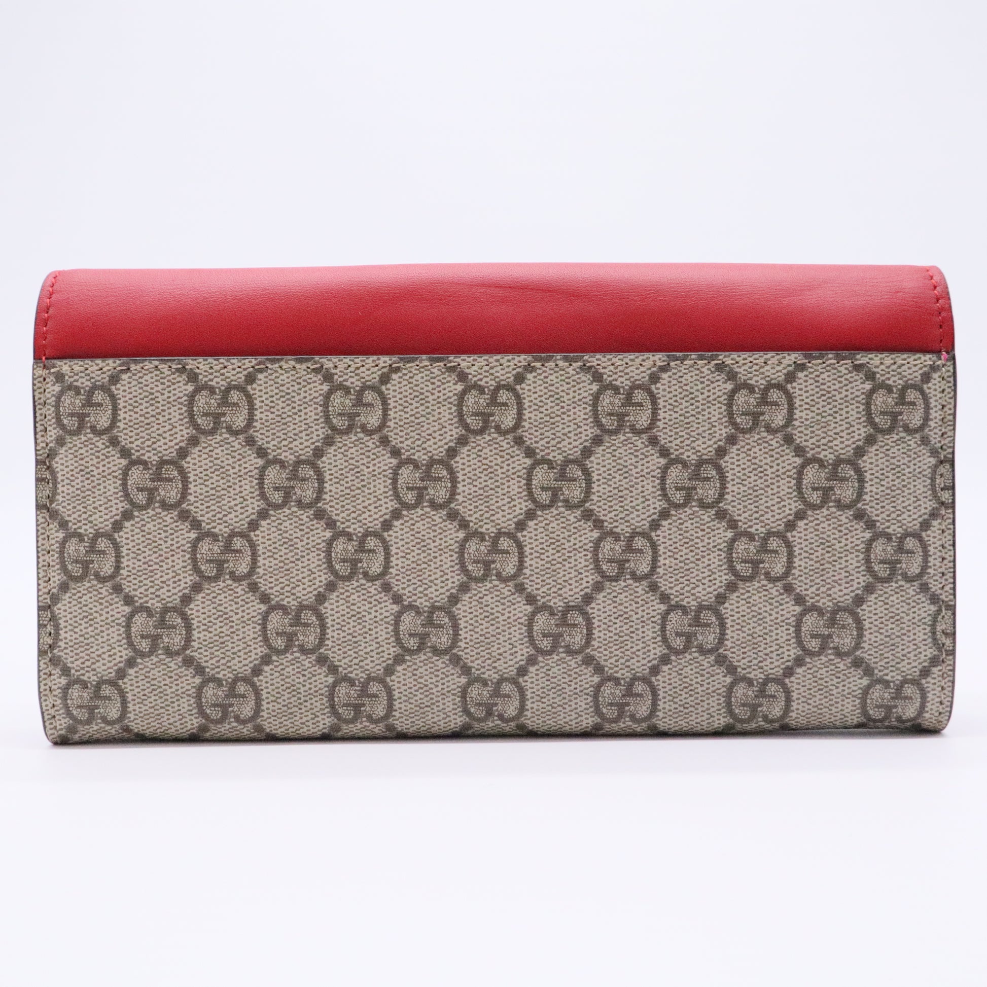 GG Supreme Monogram Calfskin Continental Wallet Beige Ebony Hibiscus Red New Rosette Gisel