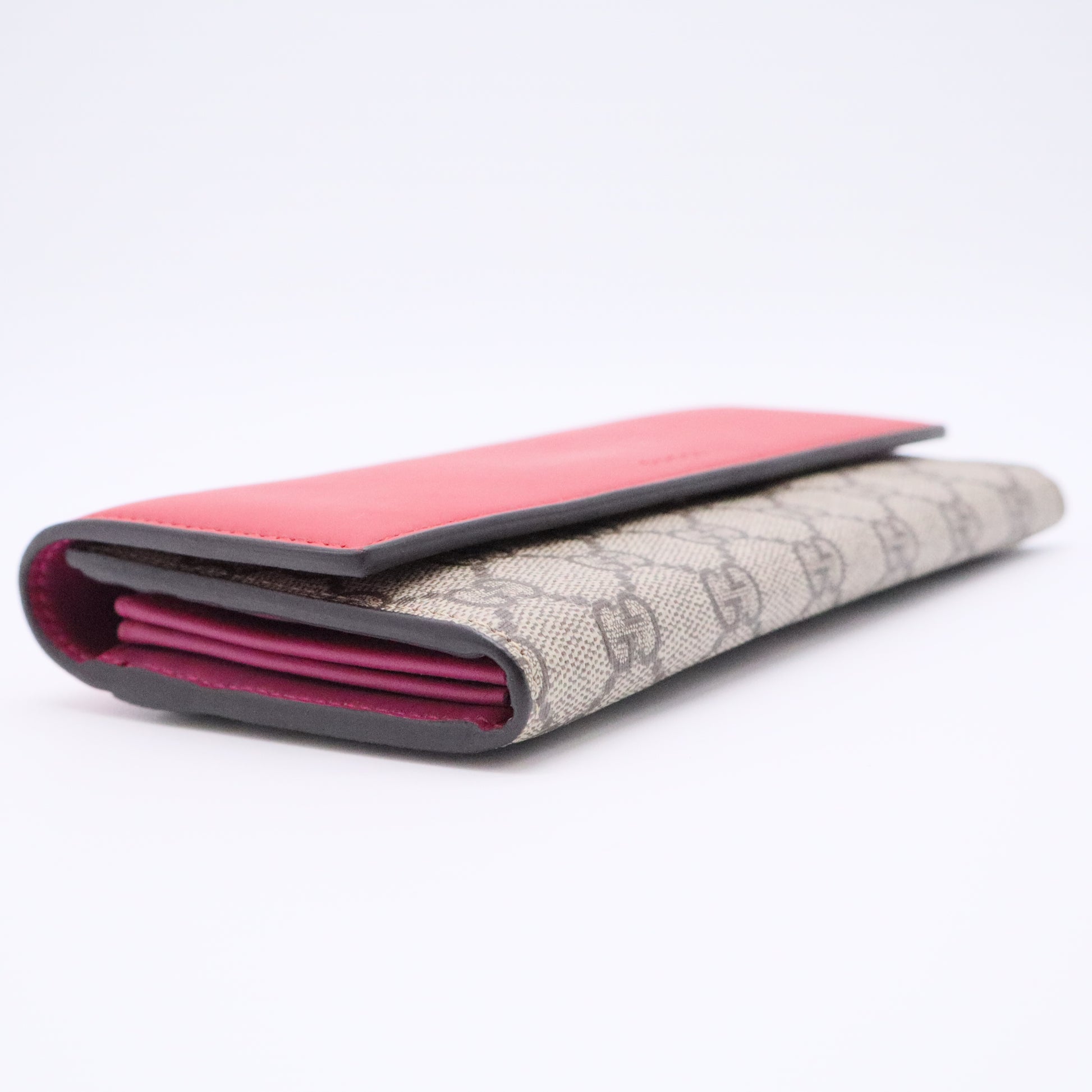 GG Supreme Monogram Calfskin Continental Wallet Beige Ebony Hibiscus Red New Rosette Gisel