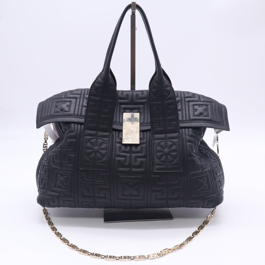 Versace Black Quilted Embossed Leather Greek Key Medusa Flap Satchel Bag Twins B24101