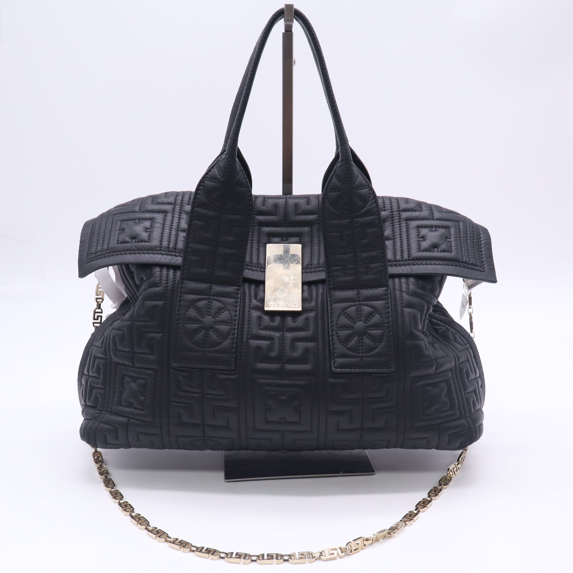 Versace Black Quilted Embossed Leather Greek Key Medusa Flap Satchel Bag Twins B24101