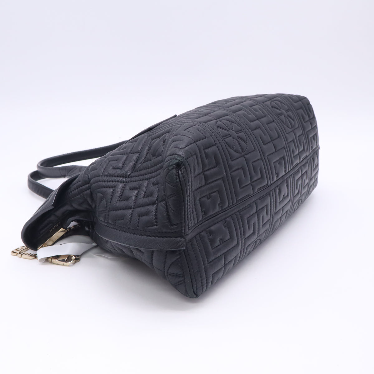 Versace Black Quilted Embossed Leather Greek Key Medusa Flap Satchel Bag Twins B24101