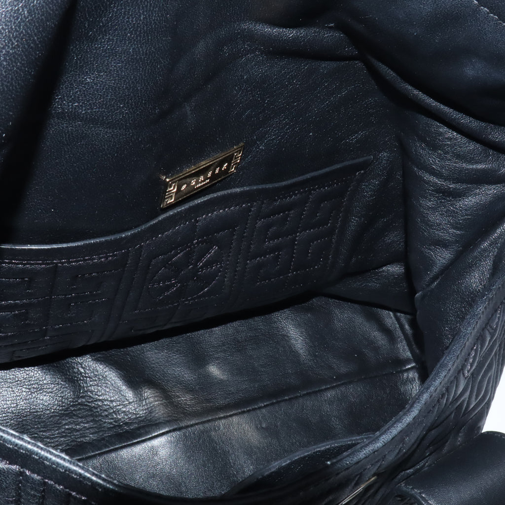 Versace Black Quilted Embossed Leather Greek Key Medusa Flap Satchel Bag Twins B24101