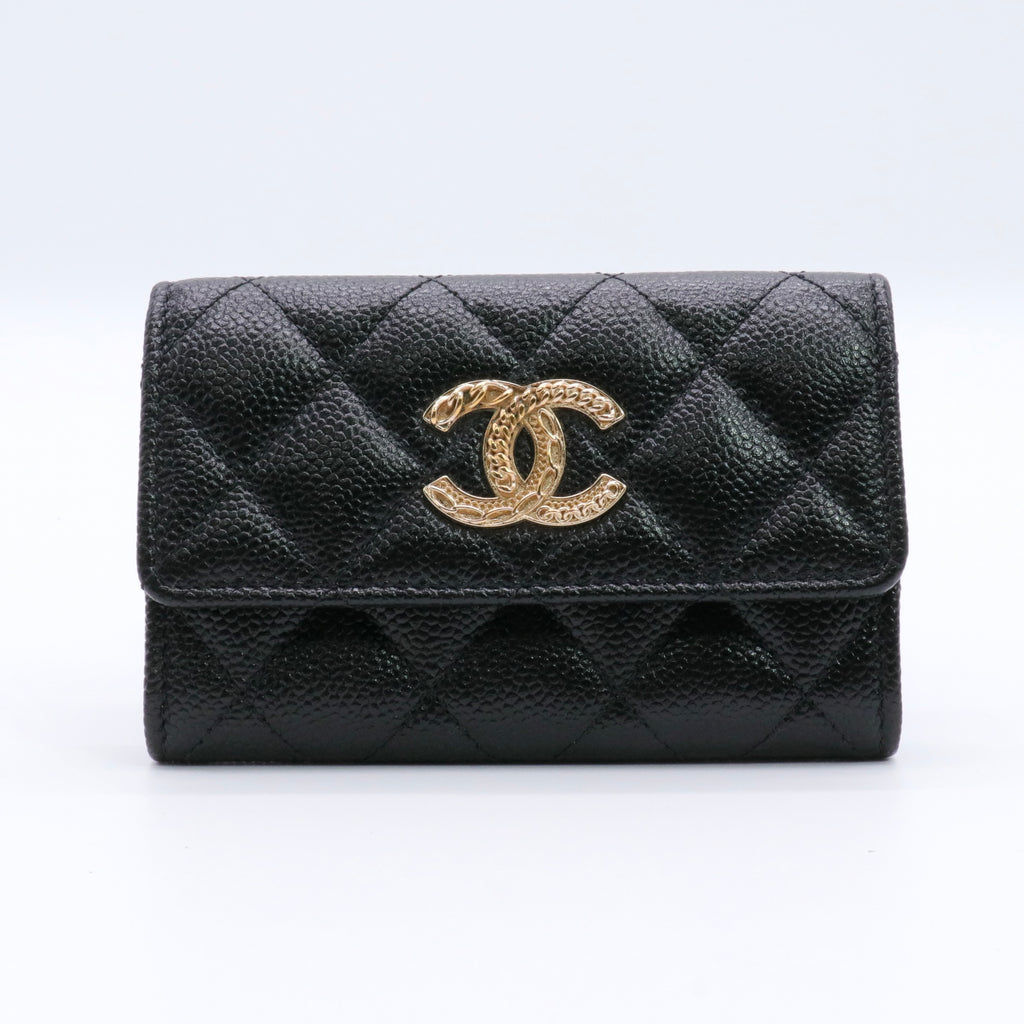 Caviar Quilted Chain CC Flap Card Holder Black twins