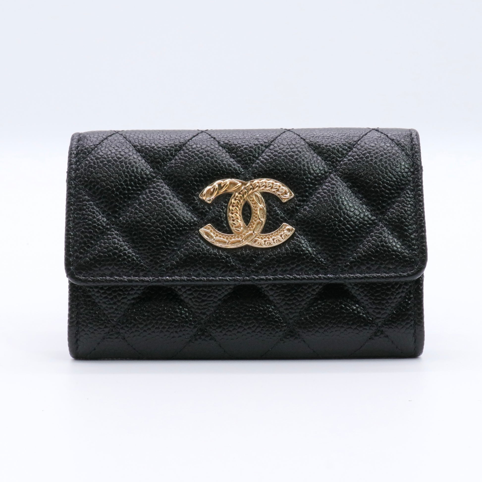 Caviar Quilted Chain CC Flap Card Holder Black twins