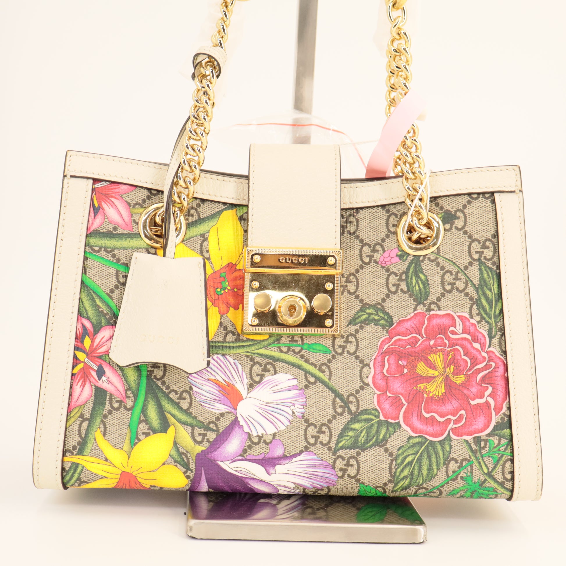 Gucci GG Supreme Monogram Flora Textured Calfskin Small Padlock Tote twins