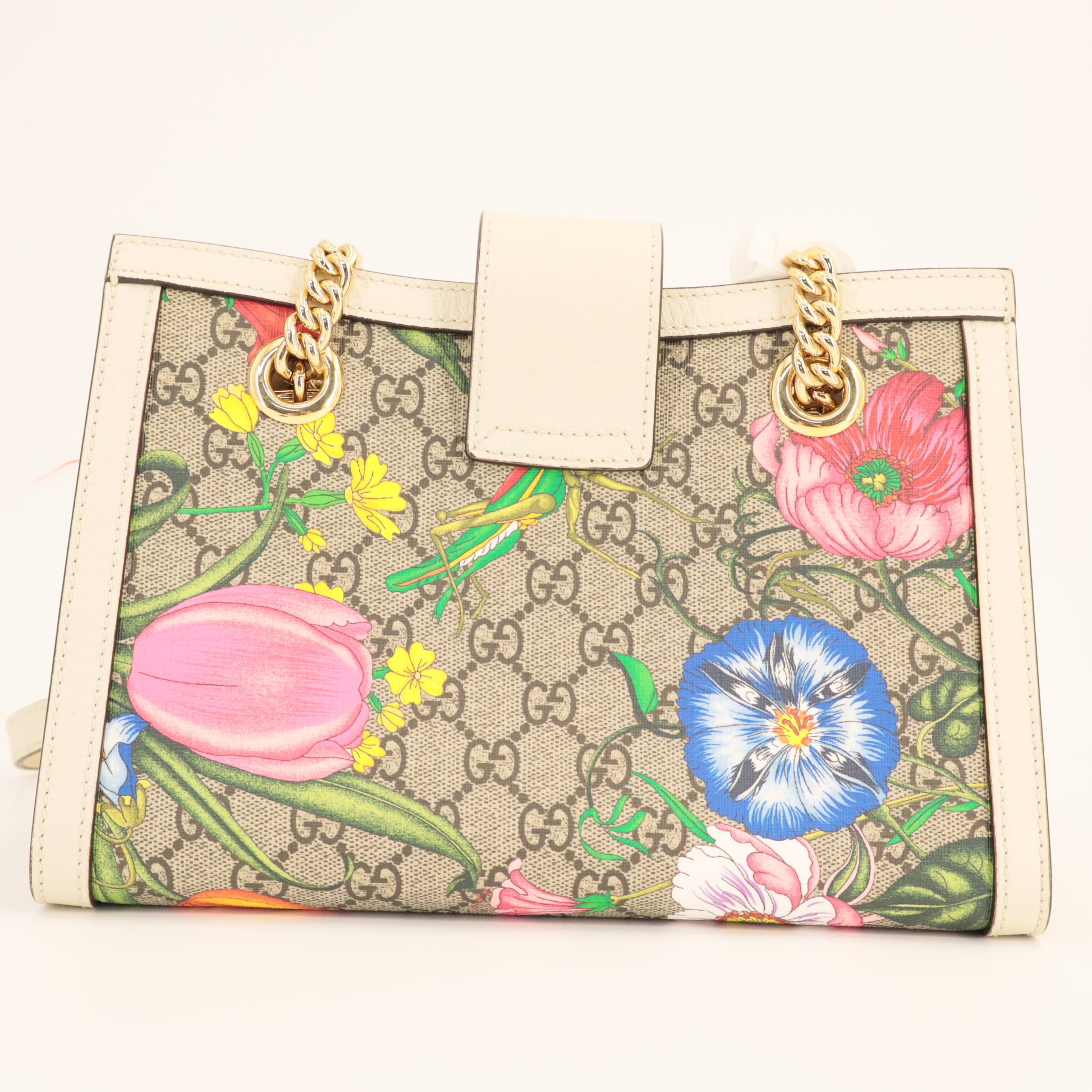 Gucci GG Supreme Monogram Flora Textured Calfskin Small Padlock Tote twins