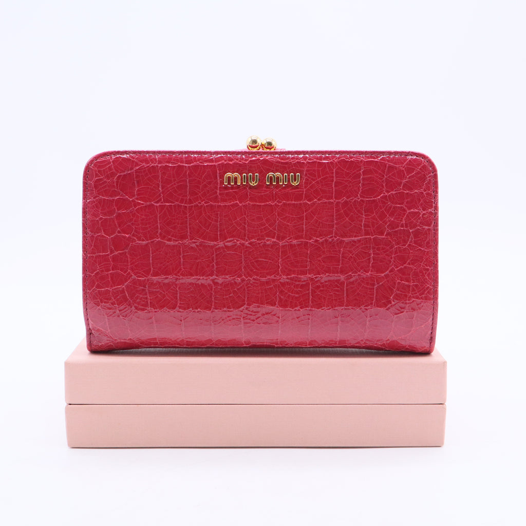 Miu Miu Coral Pink Croc Embossed Leather Long Wallet Twins LDJ3067