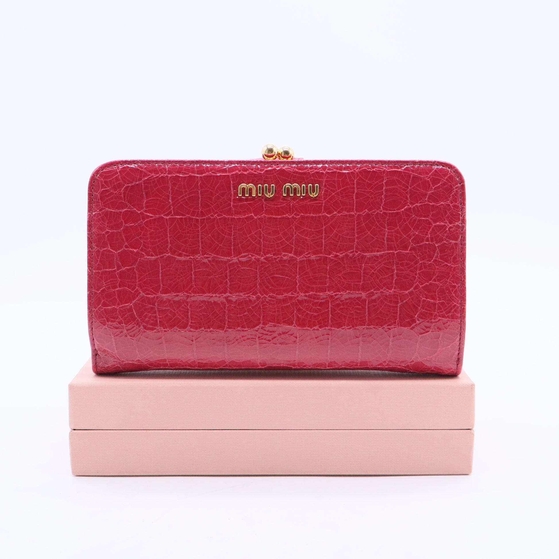 Miu Miu Coral Pink Croc Embossed Leather Long Wallet Twins LDJ3067