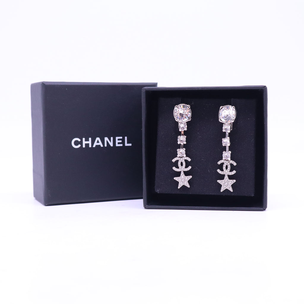 CHANEL Coco Mark Rhinestone star Earrings Silver W20820