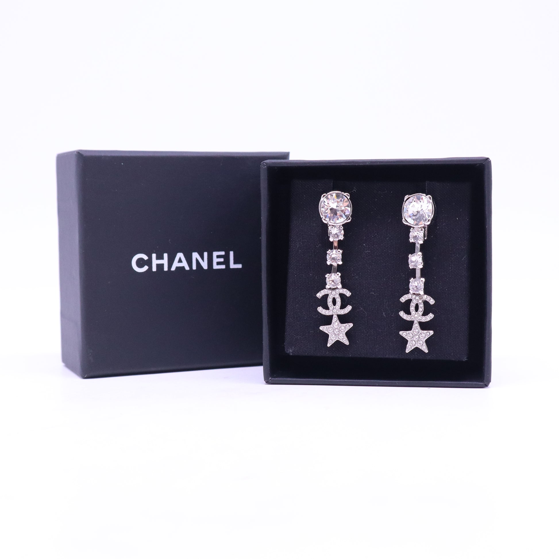 CHANEL Coco Mark Rhinestone star Earrings Silver W20820