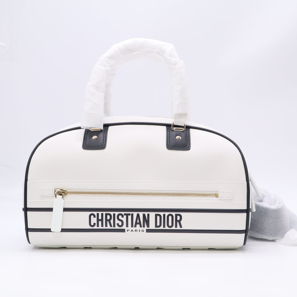 Christian Dior White Smooth Calfskin Medium Dior Vibe Zip Bowling Bag Twins B24094