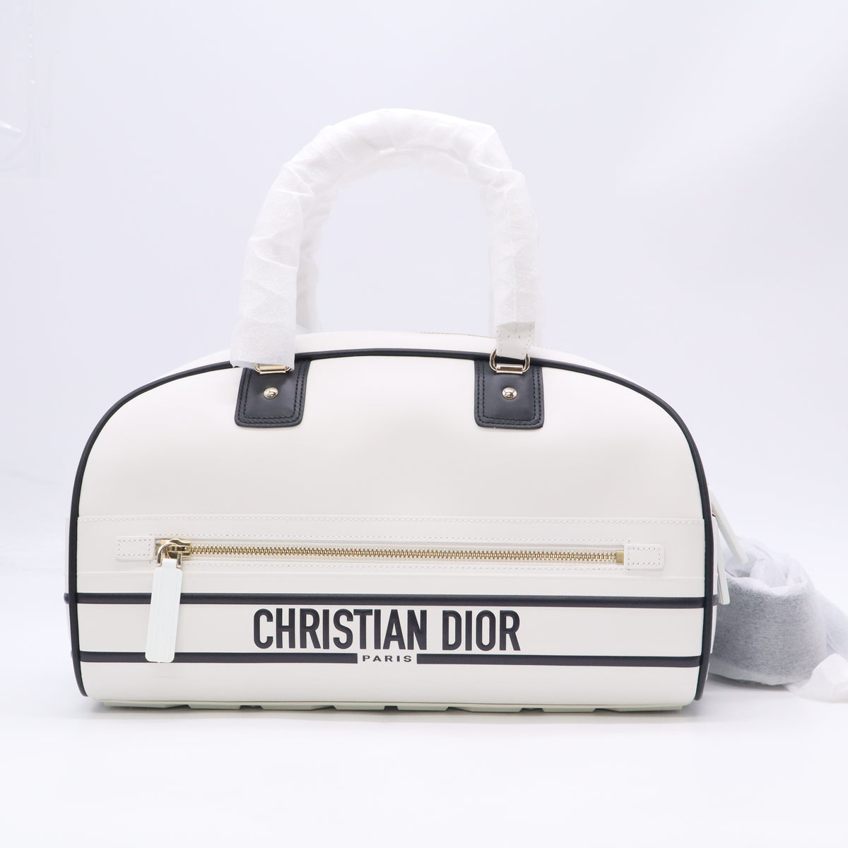 Christian Dior White Smooth Calfskin Medium Dior Vibe Zip Bowling Bag Twins B24094