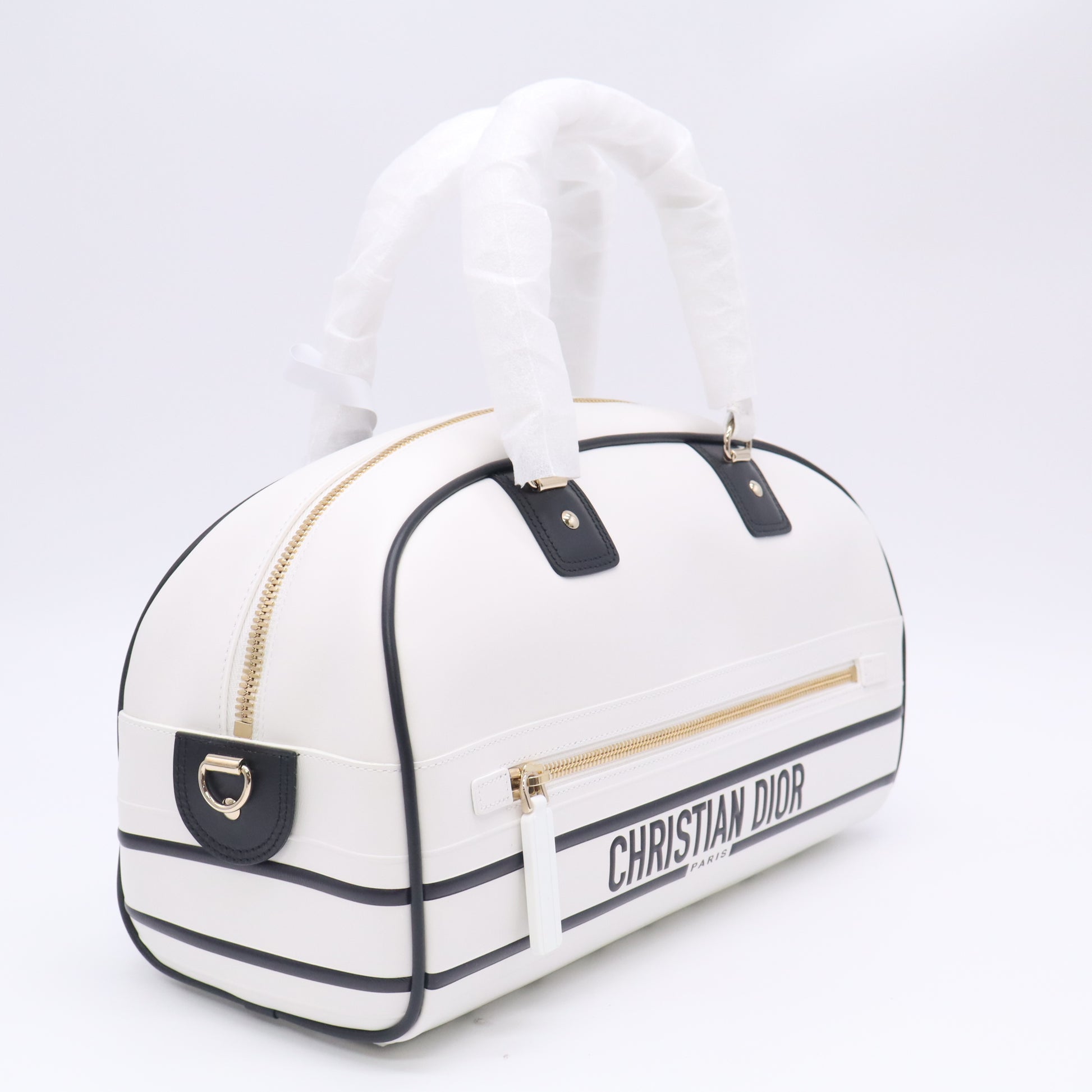 Christian Dior White Smooth Calfskin Medium Dior Vibe Zip Bowling Bag Twins B24094
