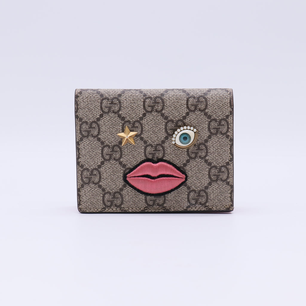 GG Supreme Monogram Face Embroidered Card Case Wallet Pink W21573