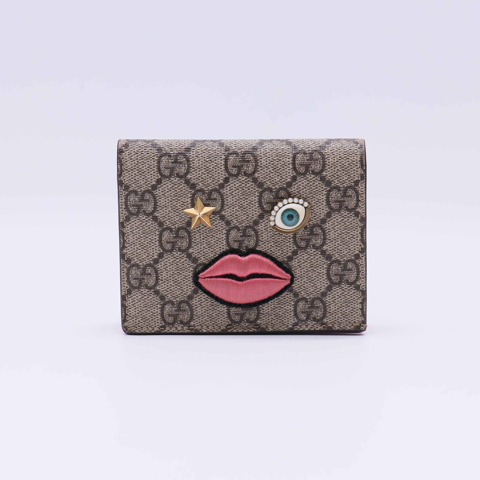 GG Supreme Monogram Face Embroidered Card Case Wallet Pink W21573