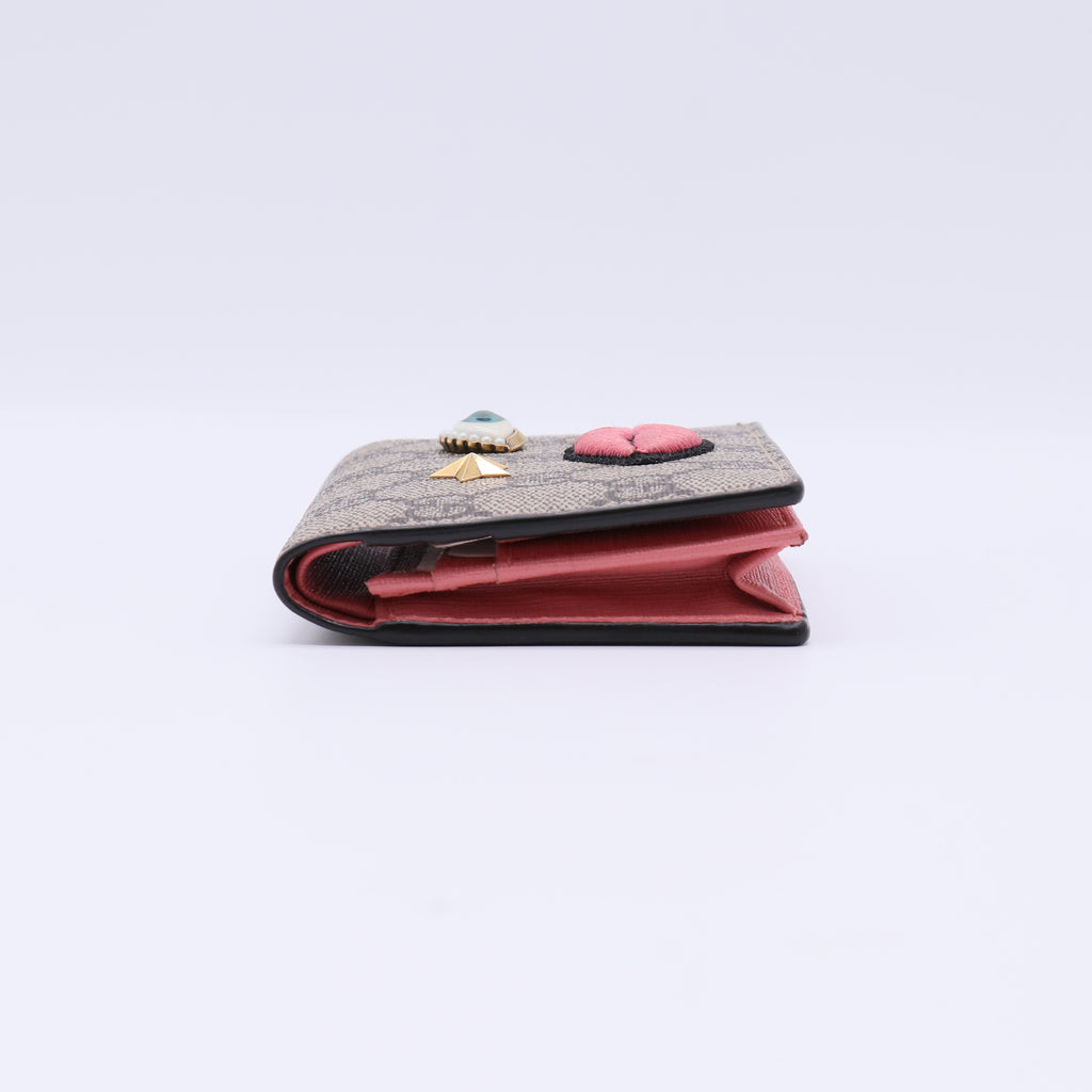 GG Supreme Monogram Face Embroidered Card Case Wallet Pink W21573