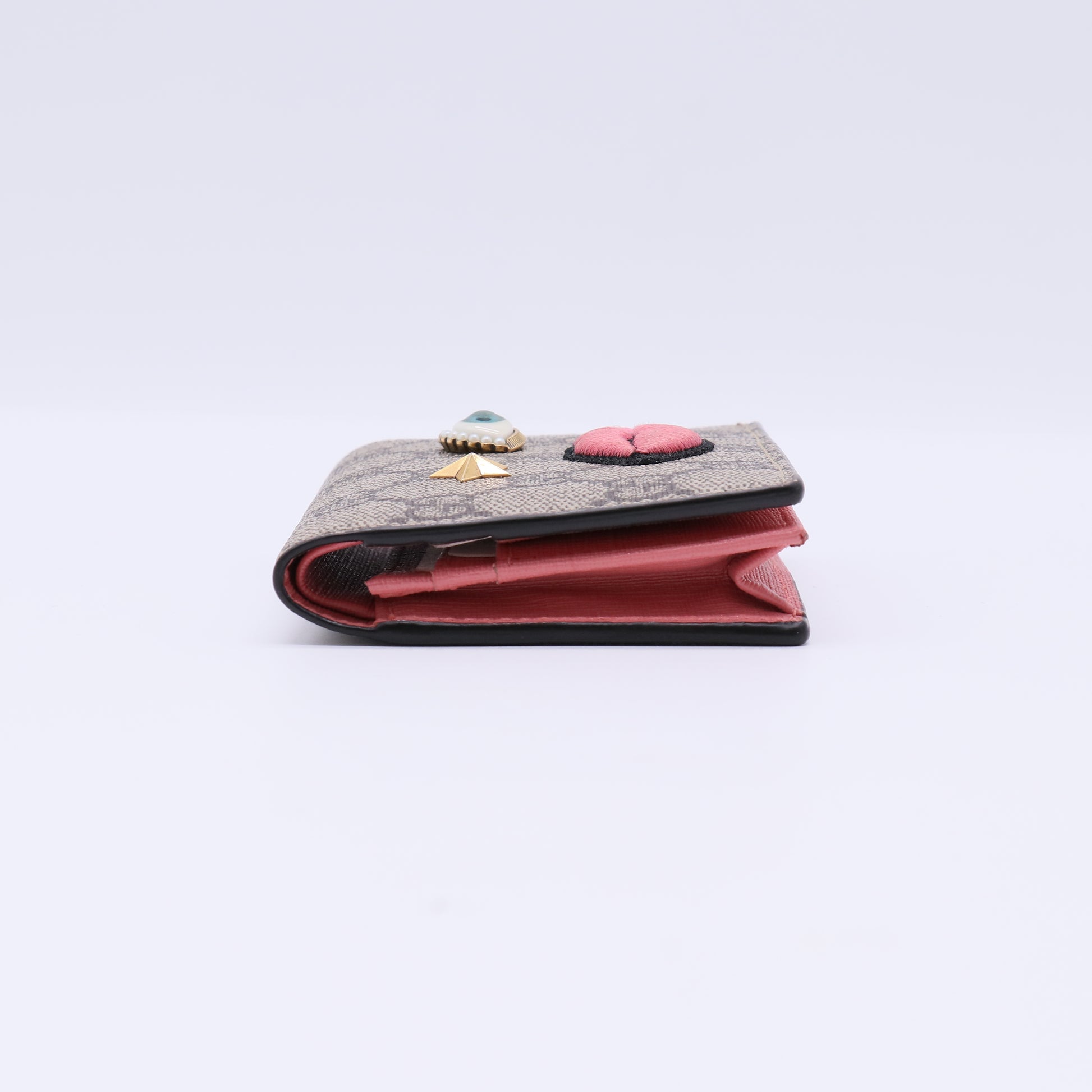 GG Supreme Monogram Face Embroidered Card Case Wallet Pink W21573
