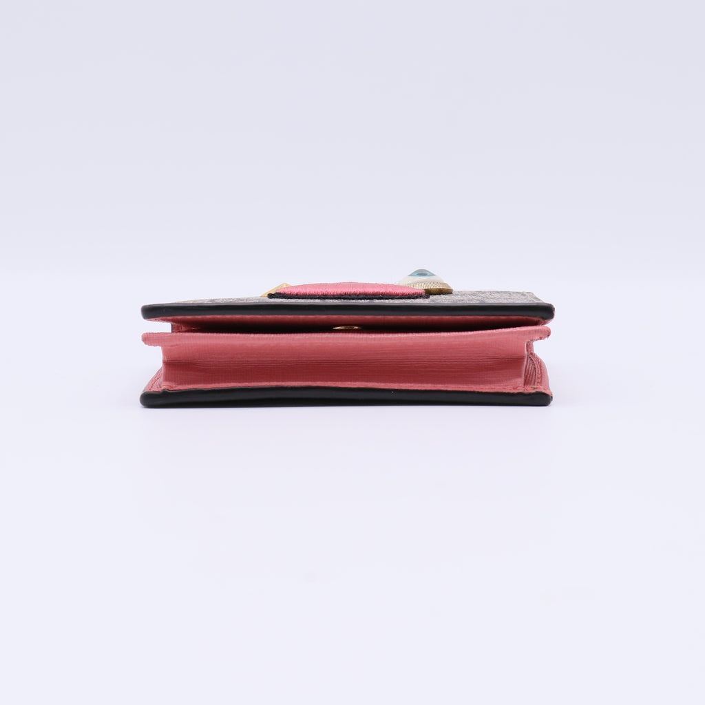 GG Supreme Monogram Face Embroidered Card Case Wallet Pink W21573