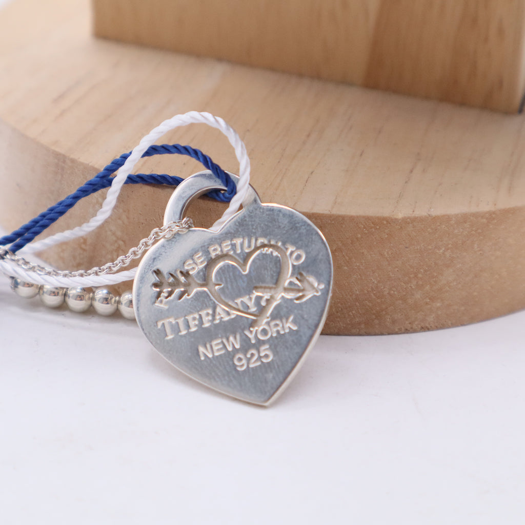 Tiffany & Co. Sterling Silver Pendant Necklace w Etched Heart & Arrow Twins LDJ3060