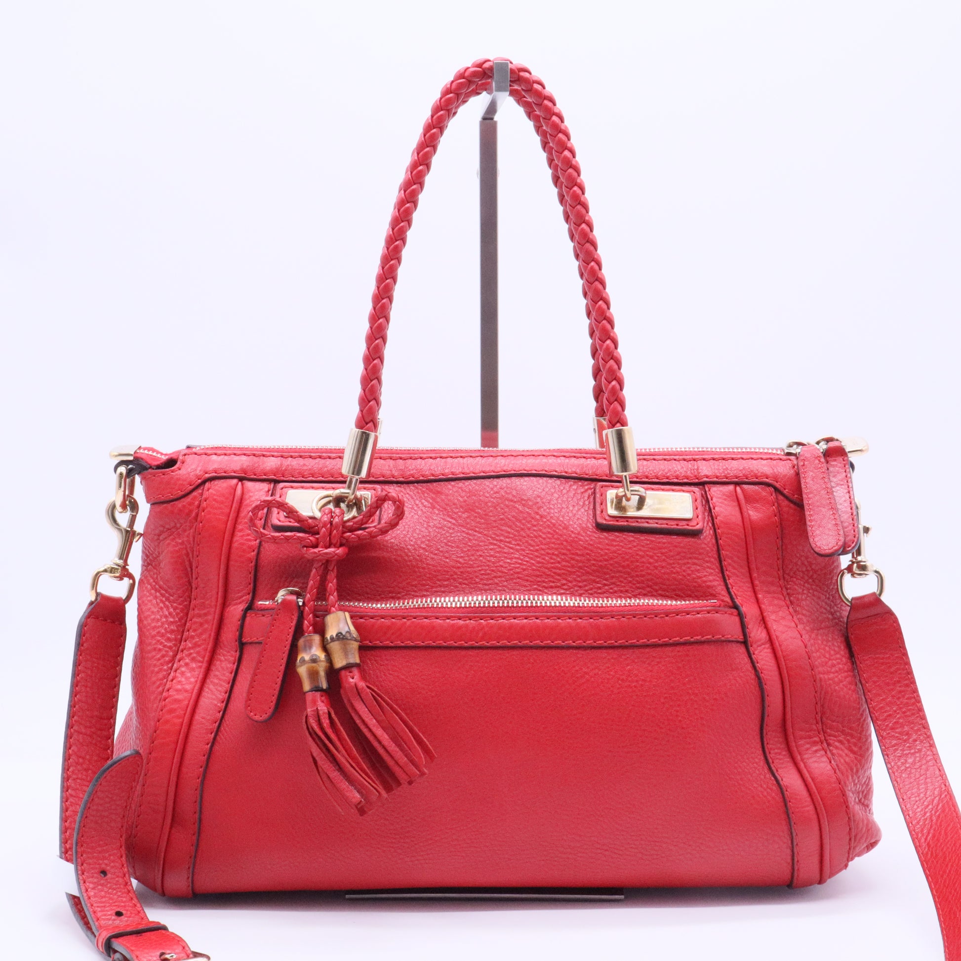 Gucci Red Leather Bamboo Tassel Handbag