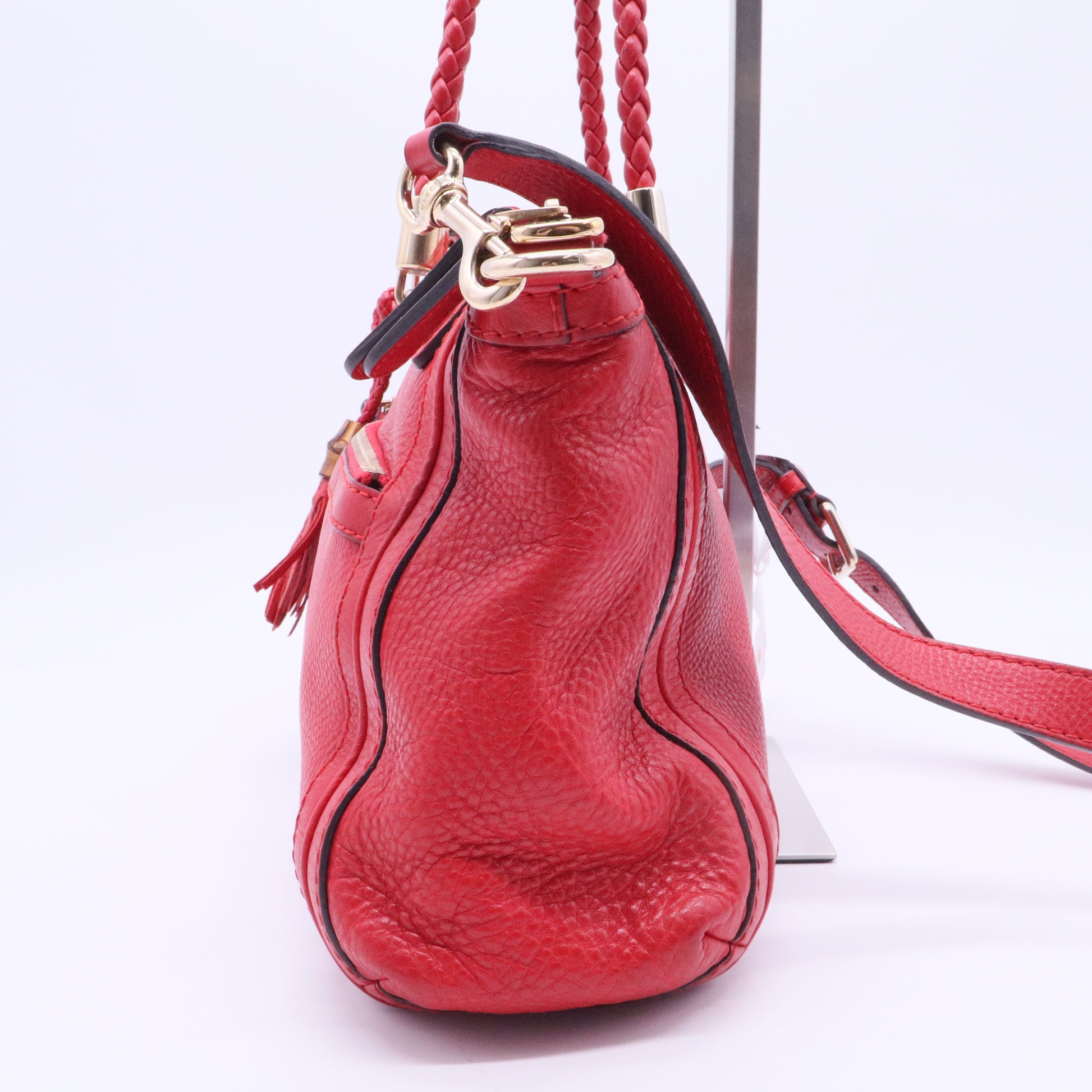 Gucci Red Leather Bamboo Tassel Handbag