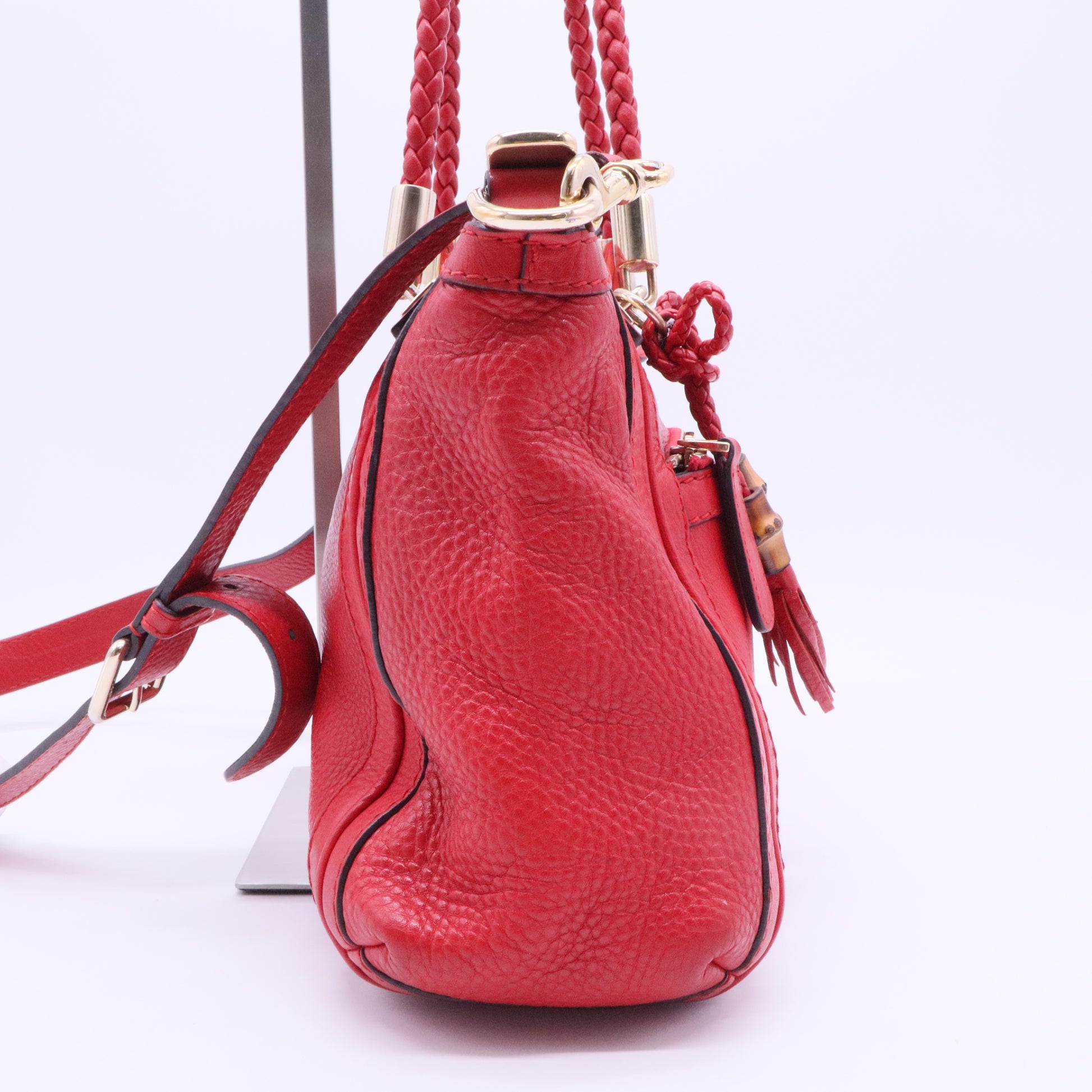 Gucci Red Leather Bamboo Tassel Handbag