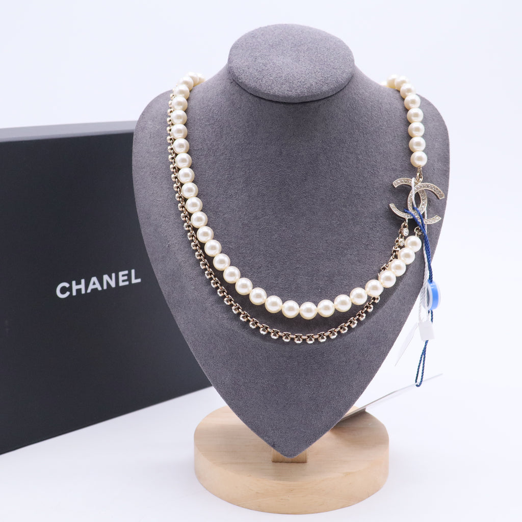 Chanel Pearl Crystal Multi Strand CC Short Necklace Gold Twins LDJ3063