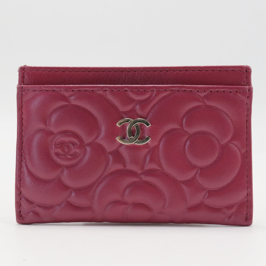 Lambskin Camellia Embossed Card Holder Fuchsia