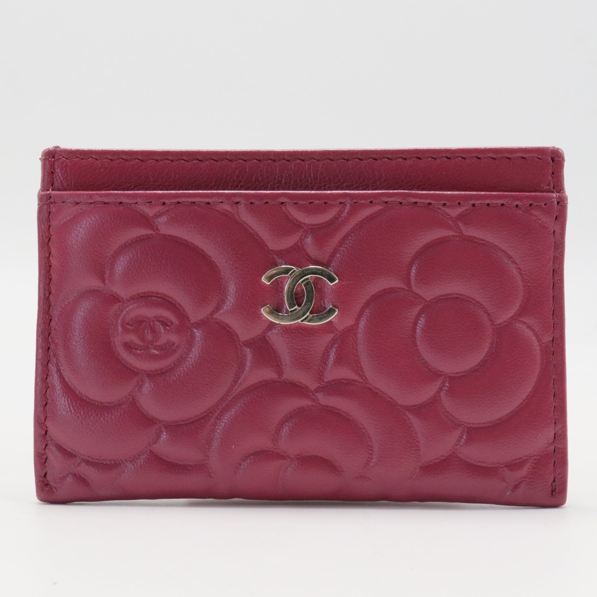 Lambskin Camellia Embossed Card Holder Fuchsia