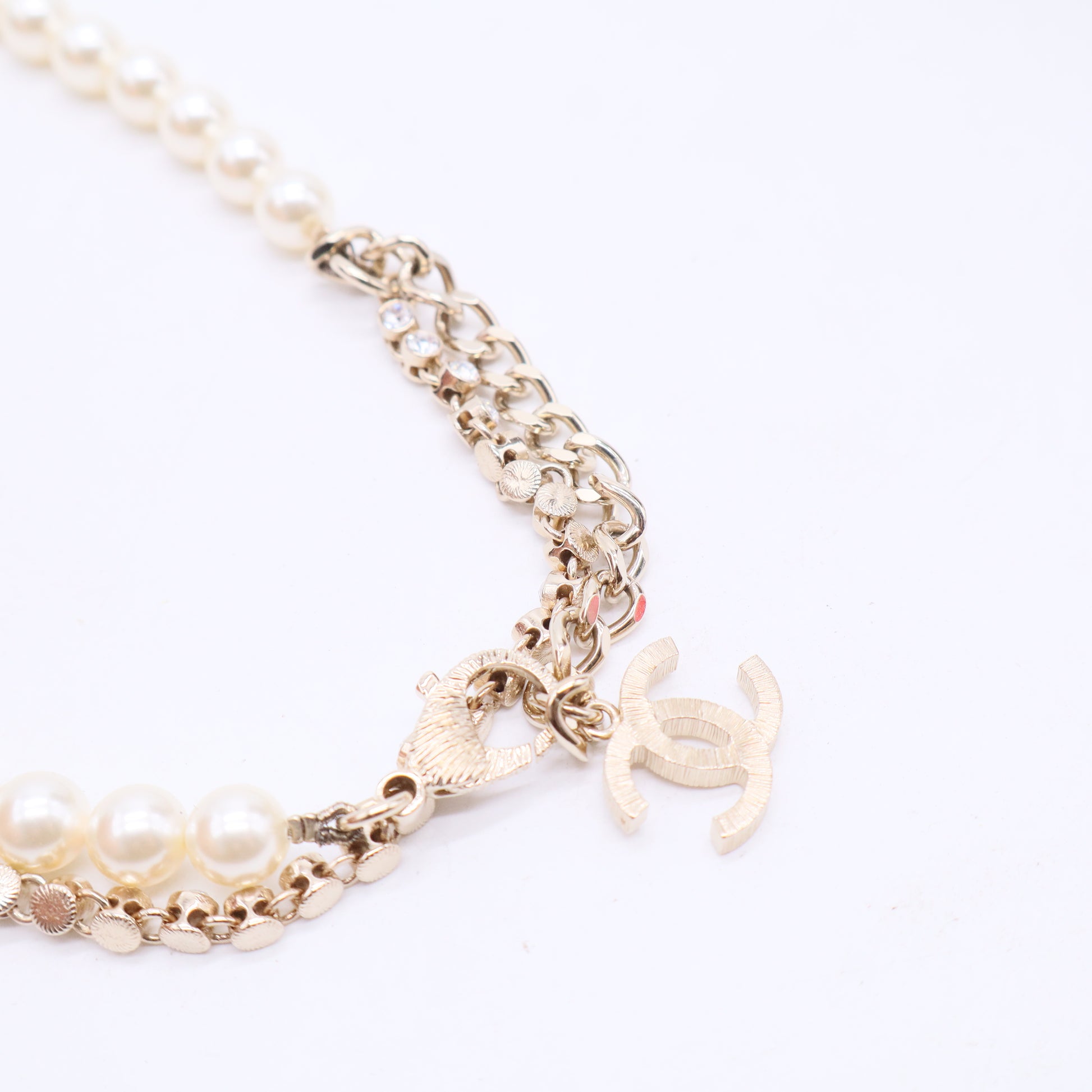 Chanel Pearl Crystal Multi Strand CC Short Necklace Gold Twins LDJ3063