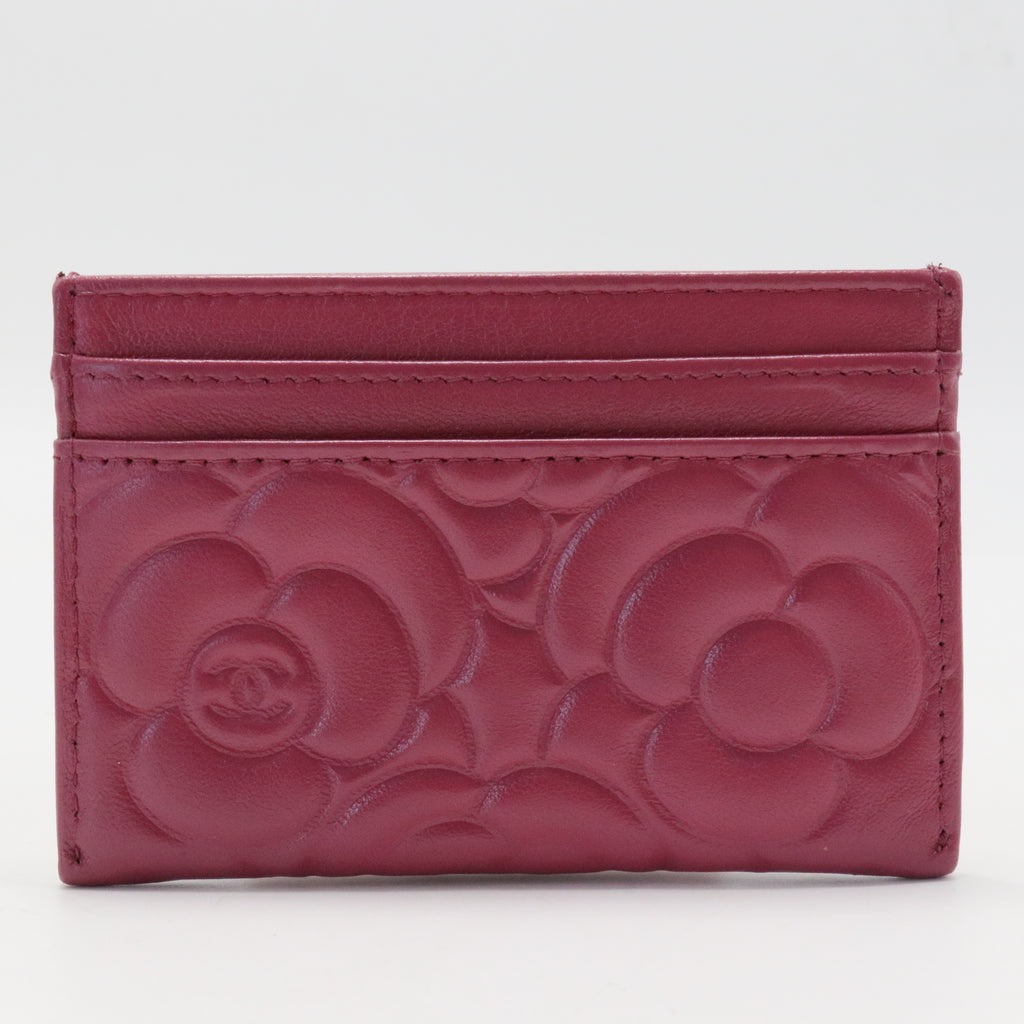 Lambskin Camellia Embossed Card Holder Fuchsia