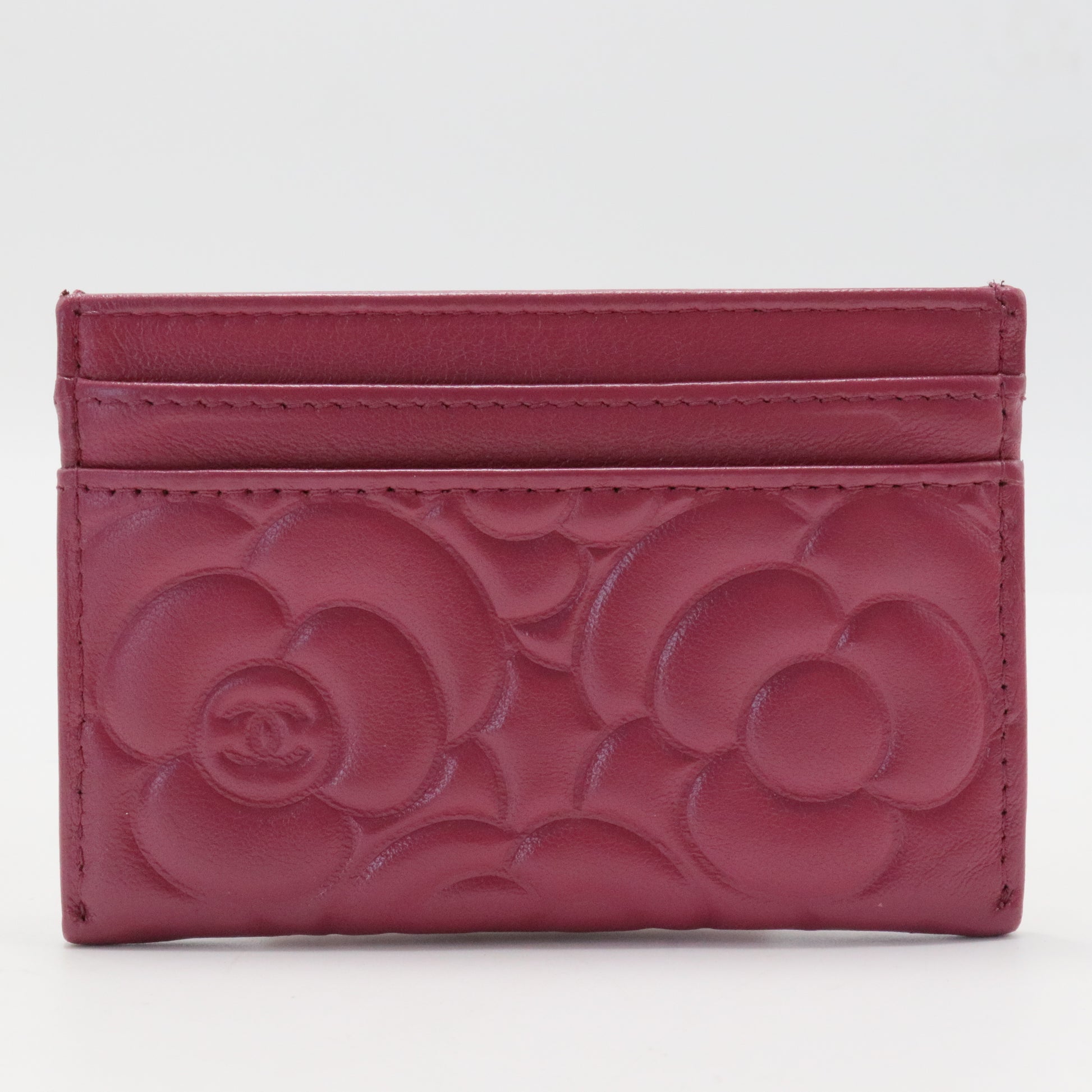 Lambskin Camellia Embossed Card Holder Fuchsia