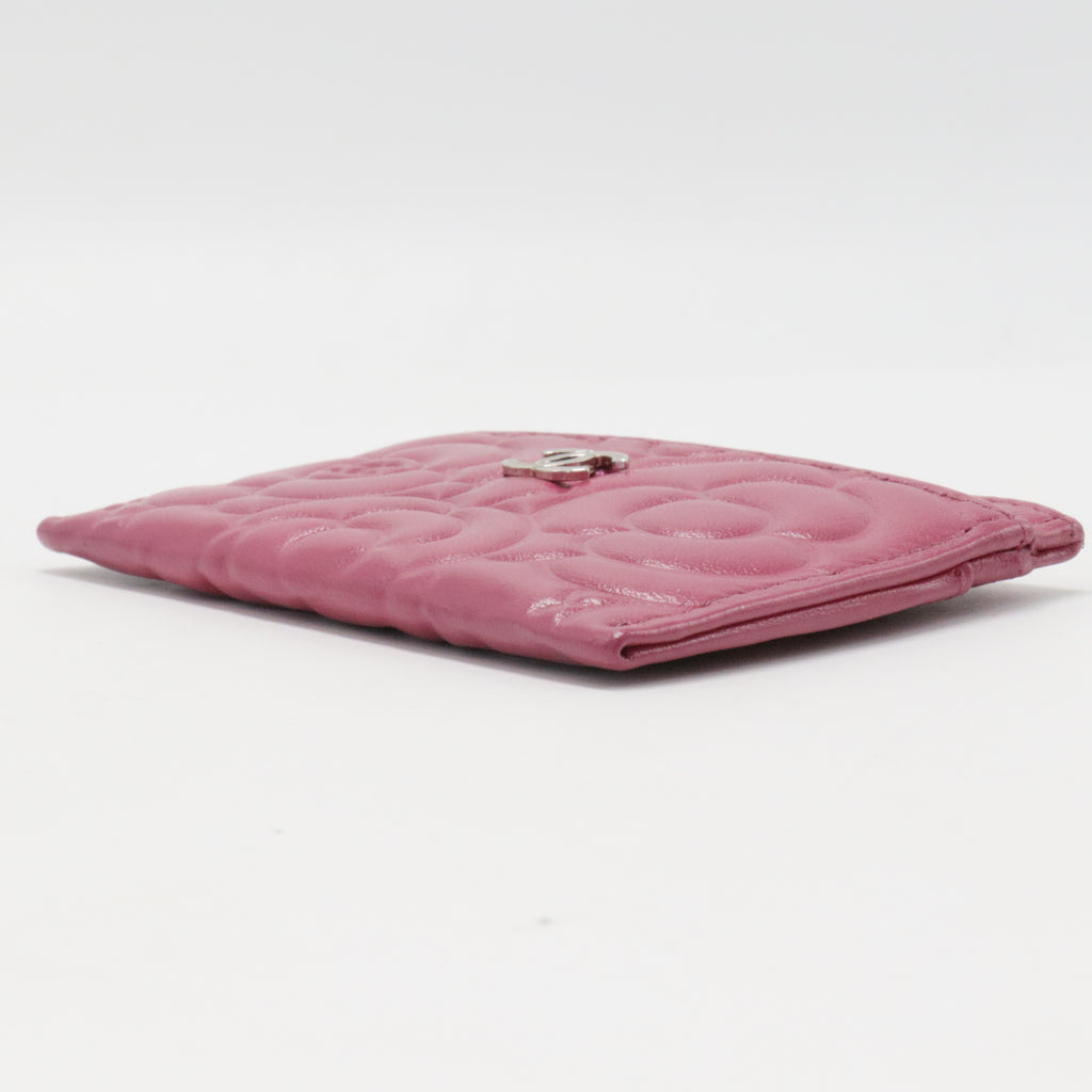 Lambskin Camellia Embossed Card Holder Fuchsia