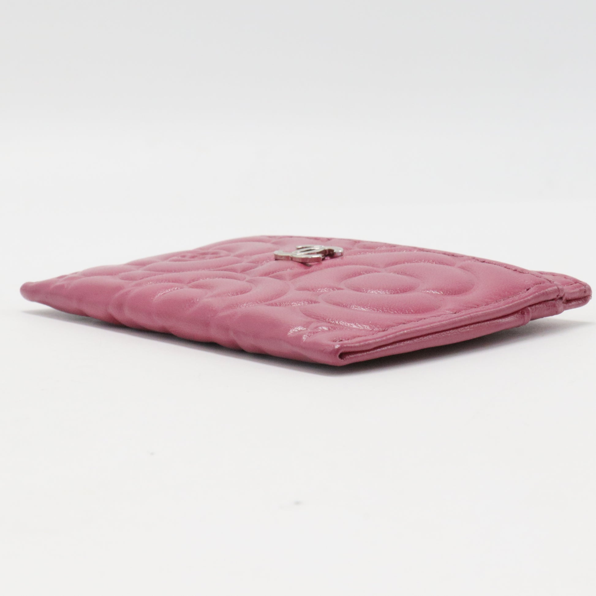 Lambskin Camellia Embossed Card Holder Fuchsia