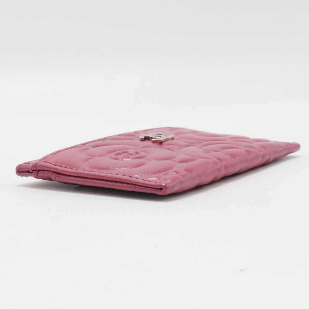 Lambskin Camellia Embossed Card Holder Fuchsia