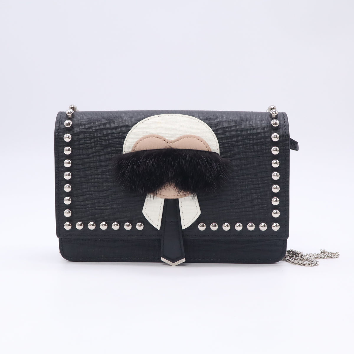 Fendi Vitello Elite Mink Fur Studded Karlito Tube Wallet on Chain Black B24158