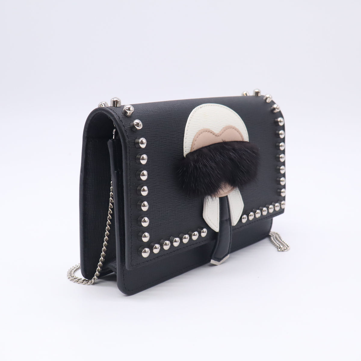Fendi Vitello Elite Mink Fur Studded Karlito Tube Wallet on Chain Black B24158