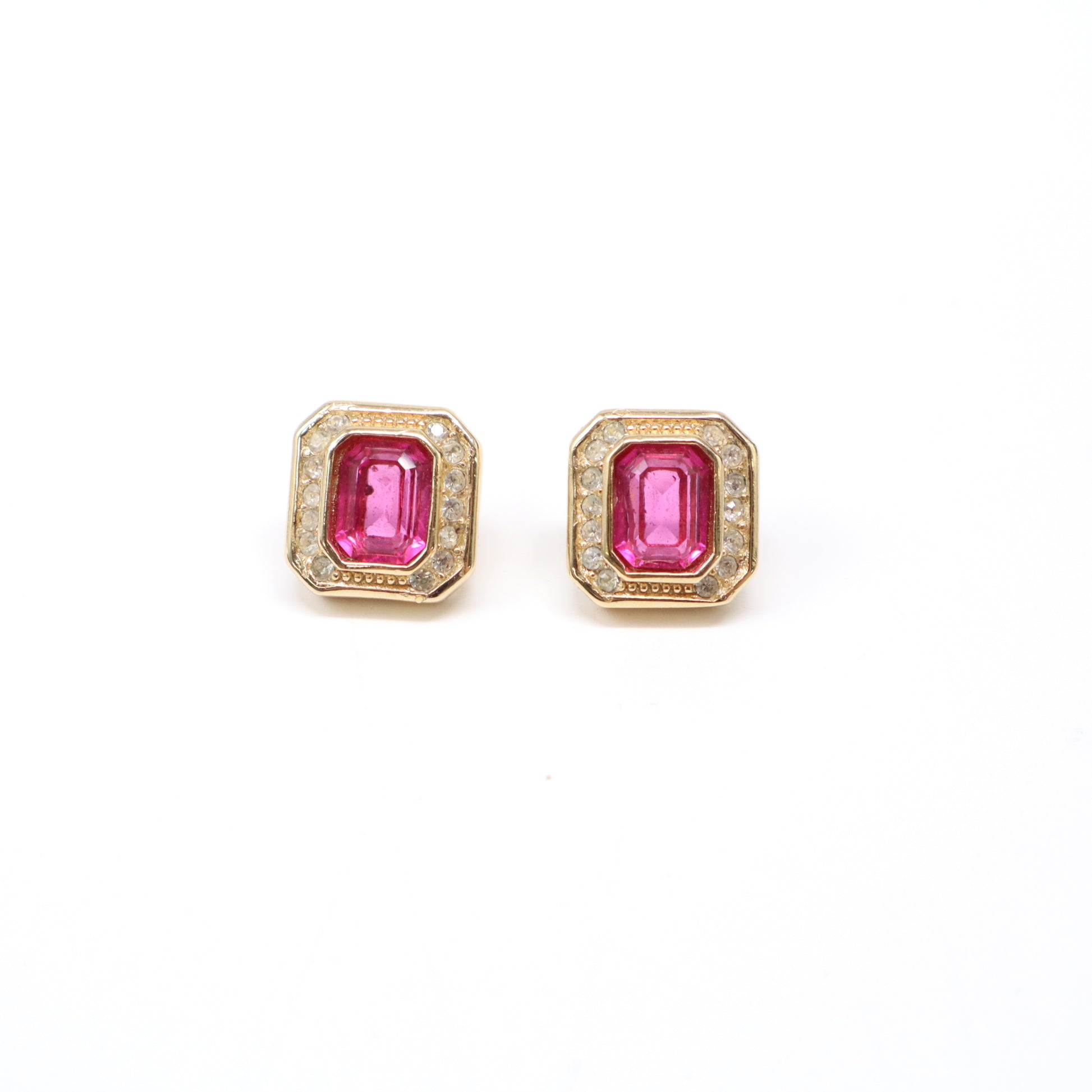 Vintage Christian Dior Pink Crystal Octagonal Clip-On Earrings W21998