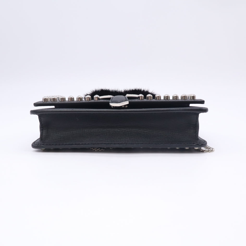 Fendi Vitello Elite Mink Fur Studded Karlito Tube Wallet on Chain Black B24158