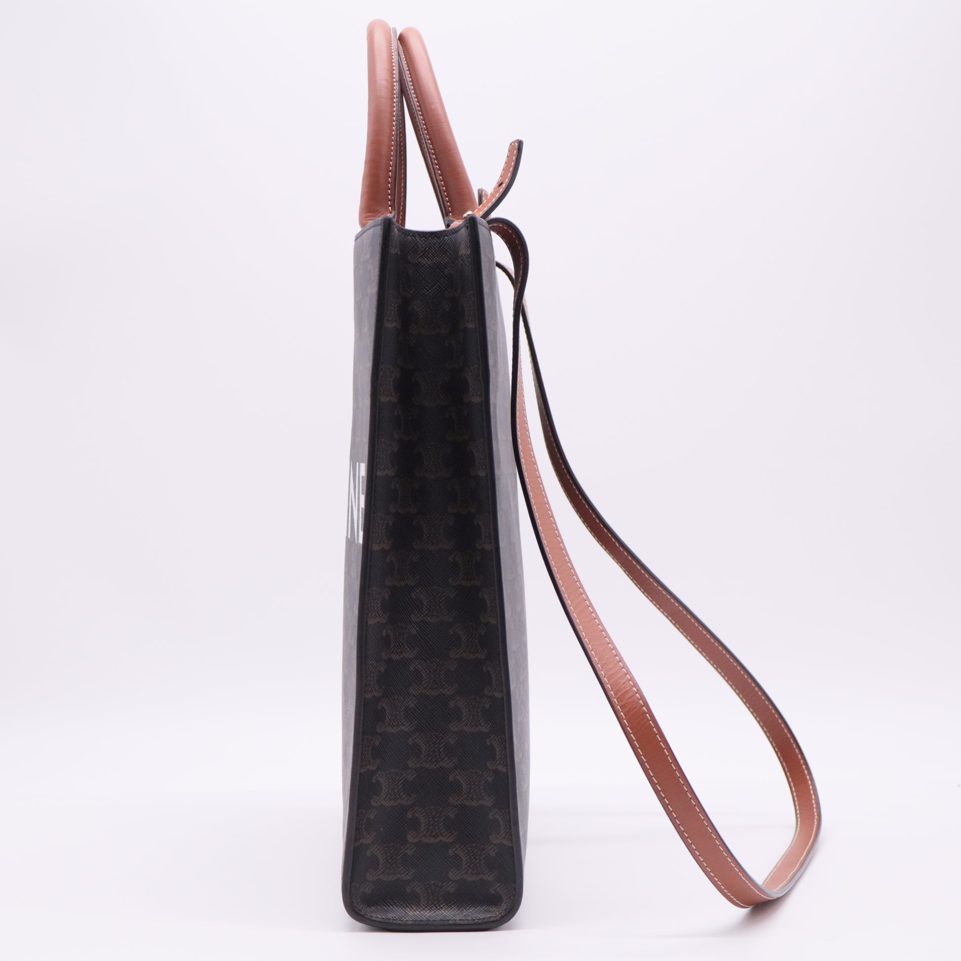 Triomphe Canvas Calfskin Small Vertical Cabas Tan twins
