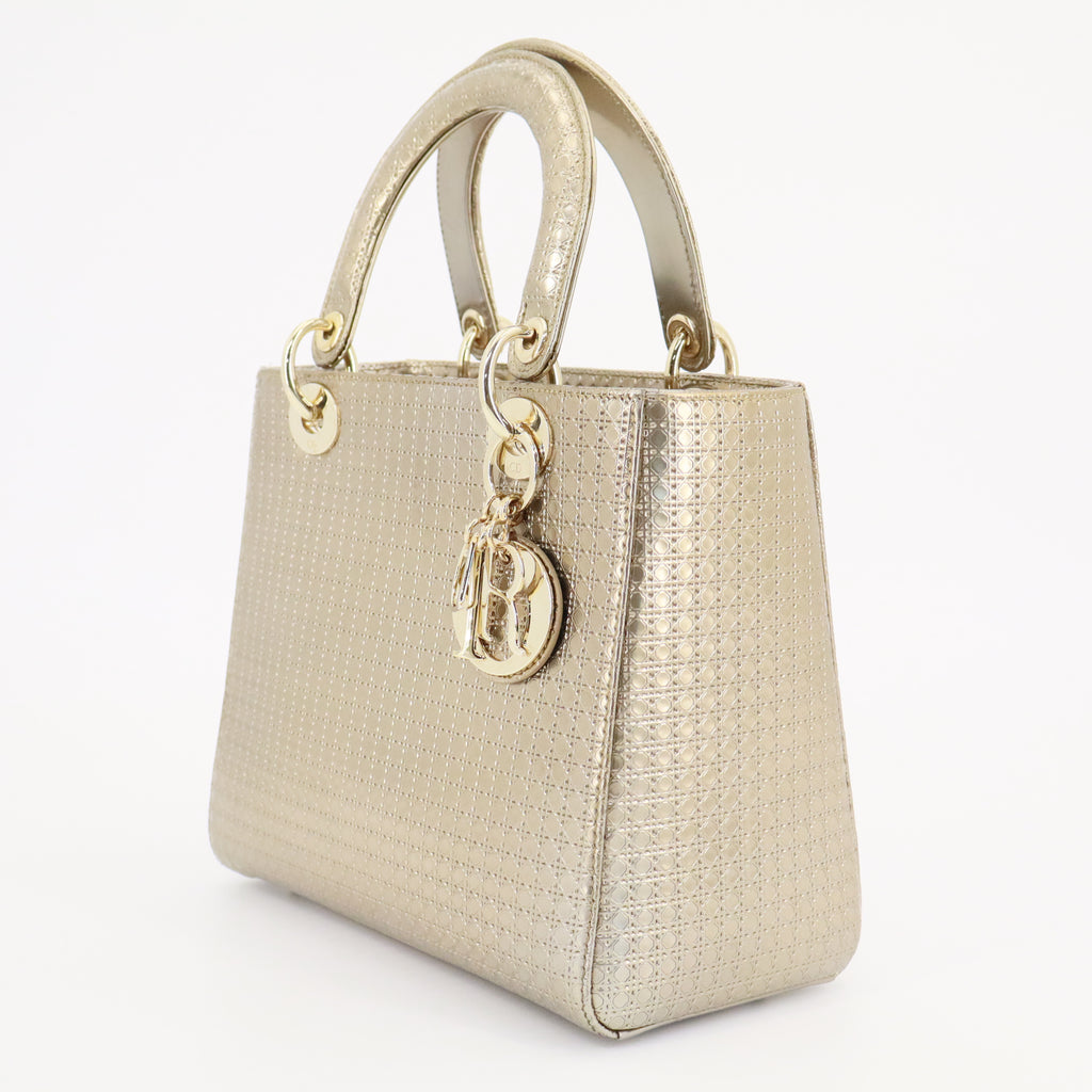 Gold Micro Cannage Patent Leather Medium Lady Dior Tote