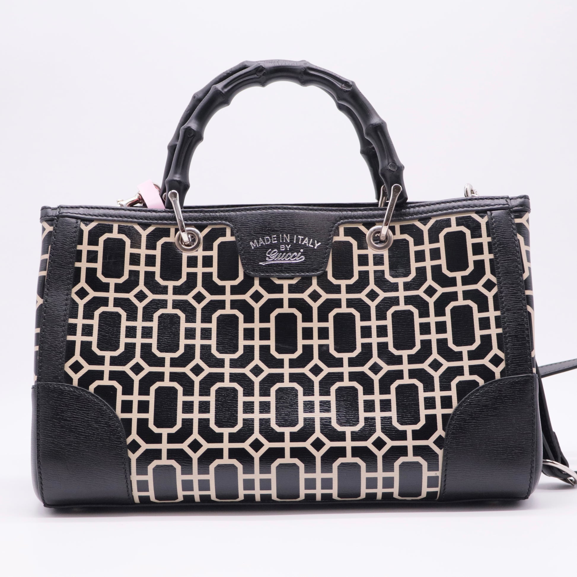 Black/White Leather Bamboo Top Handle Shopper Tote twins