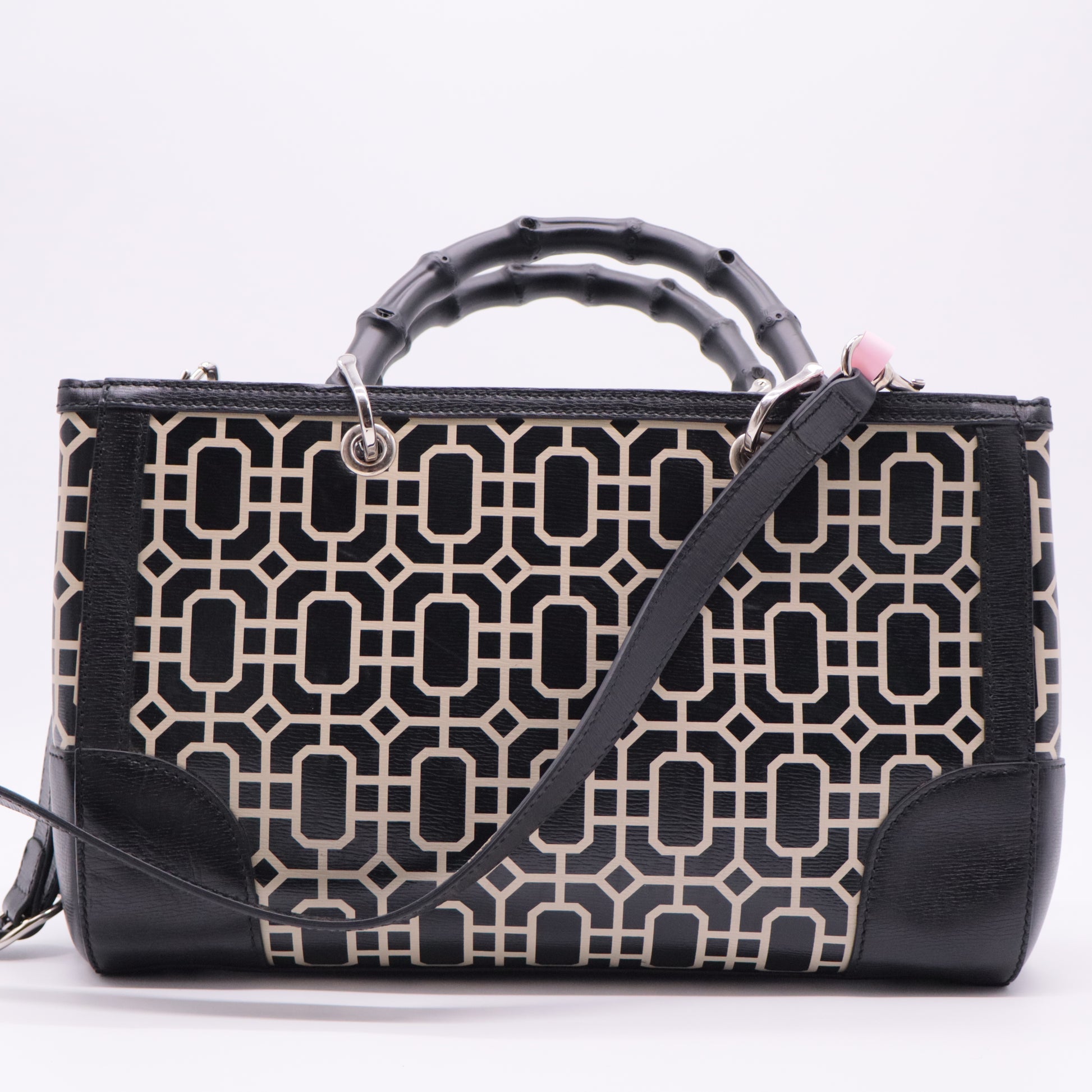 Black/White Leather Bamboo Top Handle Shopper Tote twins