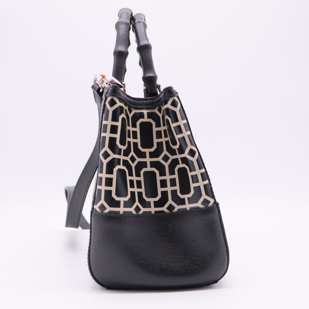 Black/White Leather Bamboo Top Handle Shopper Tote twins