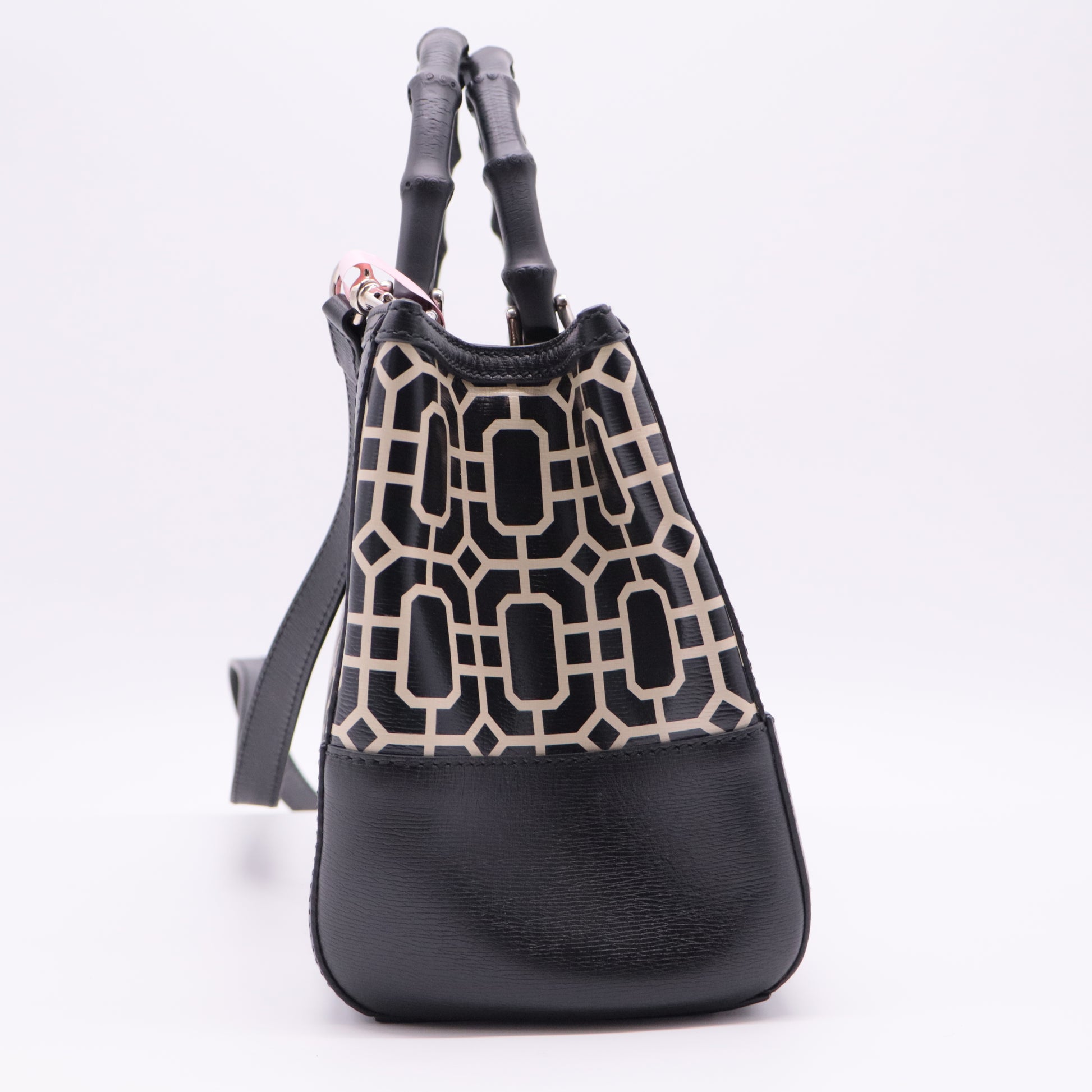 Black/White Leather Bamboo Top Handle Shopper Tote twins