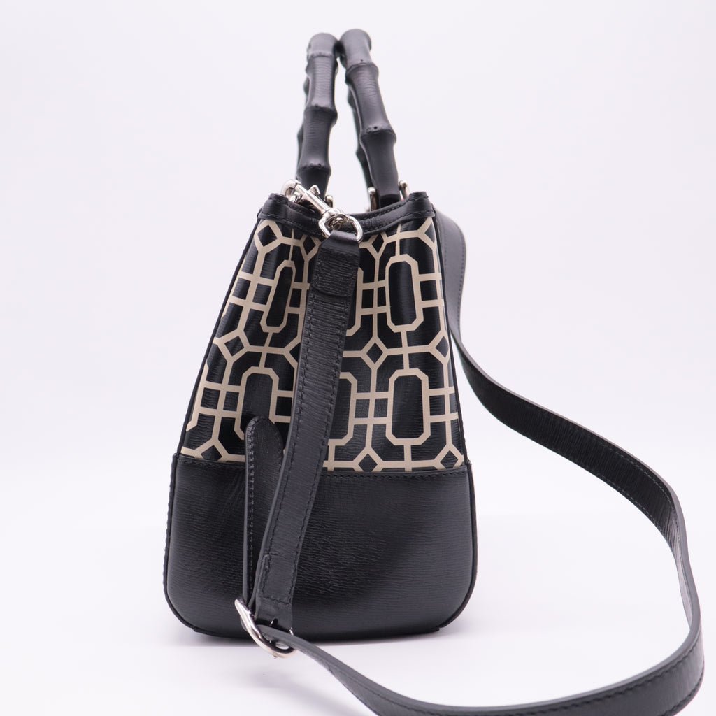 Black/White Leather Bamboo Top Handle Shopper Tote twins
