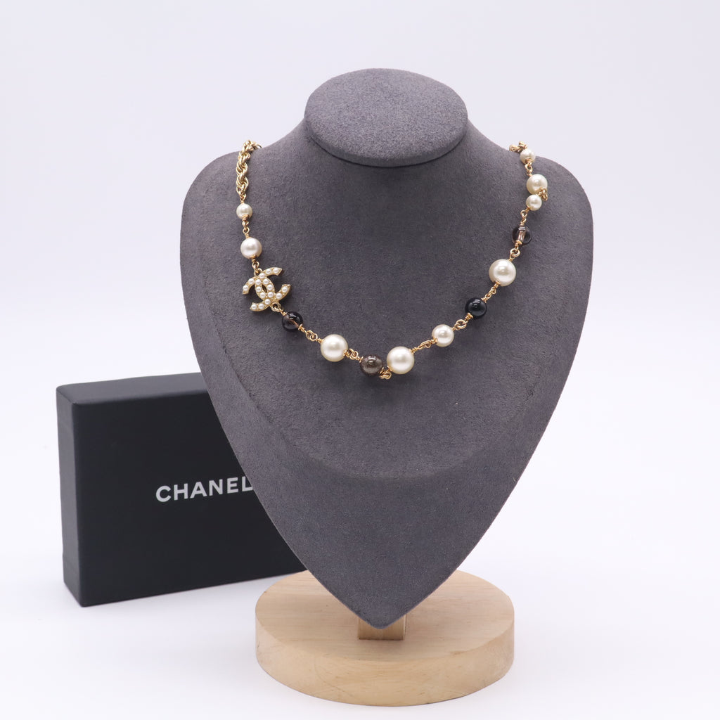 Chanel Glass Pearl, Black Bead, & Crystal CC Choker Necklace W22681
